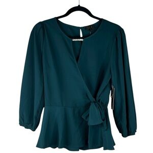 OLM Emerald Green 3/4 Sleeve Faux Wrap Peplum Flowy Top Size Medium New with tag